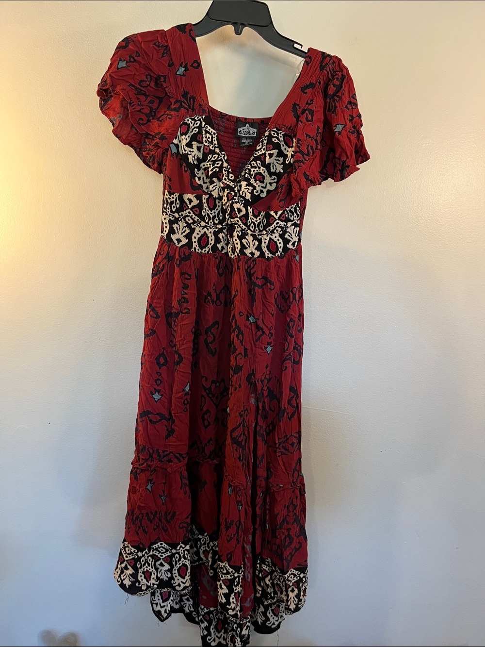 Angie Red Maxi Dress with Black and Cream Pattern